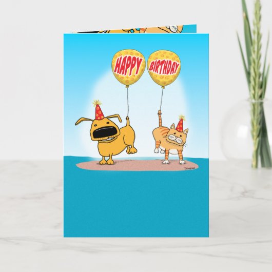 Funny Dog en Cat Balloon Tails Birthday Kaart (Voorkant)