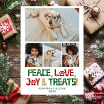 Funny Dog Foto Feestdagenkaart<br><div class="desc">Deze geweldige fotocollage kerstkaart met 4 foto's, "Peace, Love, Joy & Treats!" in een leuk modern lettertype, en je namen en het jaar zou perfect zijn voor het verzenden naar je vrienden en familie. Iedereen zal graag nieuwe foto's van jou en je hond(en) krijgen. Op de achterkant is er een...</div>