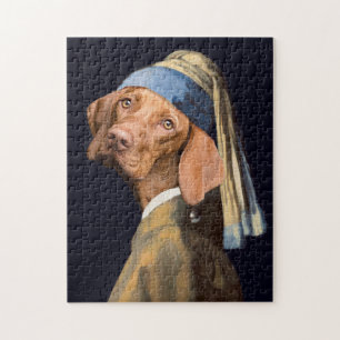 Funny Dog Girl met een parelaar die Vermeer Parody Legpuzzel