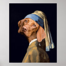 Funny Dog Girl met een parelaar die Vermeer Parody