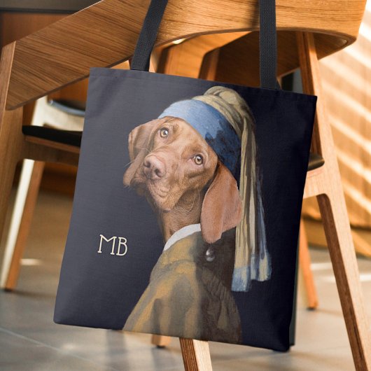 Funny Dog Girl met een parelaar die Vermeer Parody Tote Bag