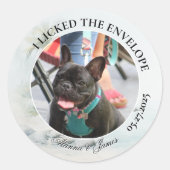 Funny Dog “I Licked the Envelope” Tropical Beach Ronde Sticker (Voorkant)