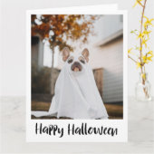 Funny Dog in Blad Ghost Kostuum Halloween Kaart (Gele Bloem)