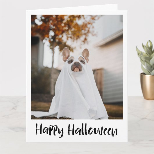Funny Dog in Blad Ghost Kostuum Halloween Kaart (Kleine Plant)