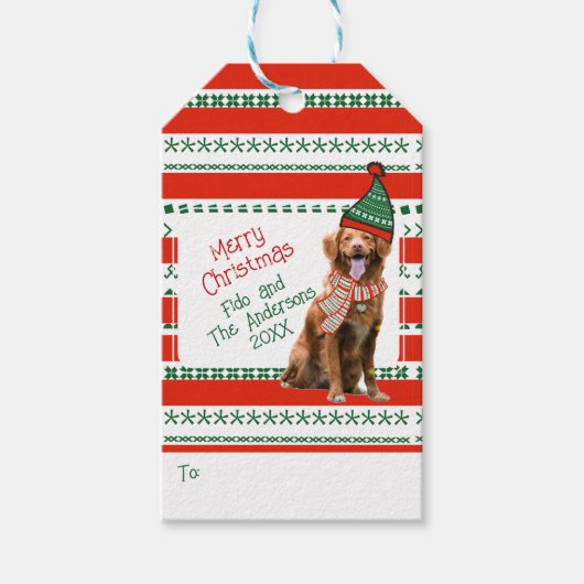 Funny Dog in Elf Pet & Sjaal Rood Groen Kerstfeest Cadeaulabel (Voorkant)