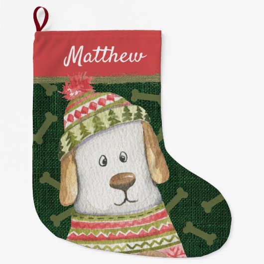 Funny Dog in Tan en Red Sweater Pet Botten Name Grote Kerstsok (Voorkant)