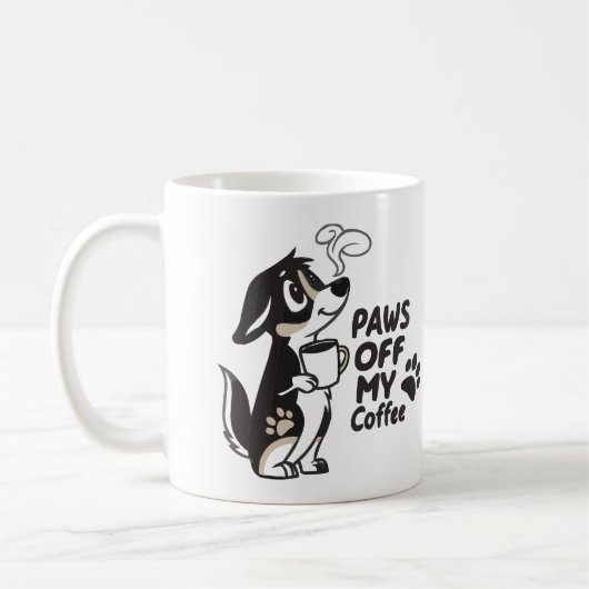 Funny Dog Lover "PAWS OFF MY COFFEE" Cartoon Mok (Links)