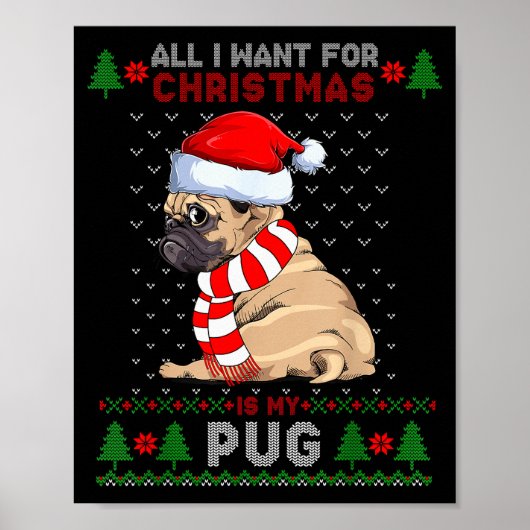 Funny Dog Lovers Cute Pug Santa Hat Ugly Christmas Poster (Voorkant)