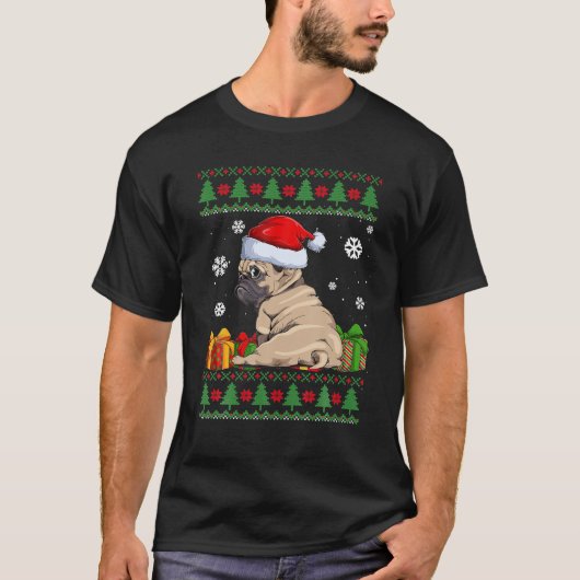 Funny Dog Lovers Cute Pug Santa Hat Ugly Kerstmis T-shirt (Voorkant)