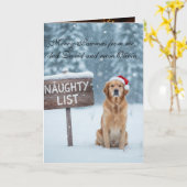 Funny Dog Naughty List Custom Text Christmas Kaart (Gele Bloem)