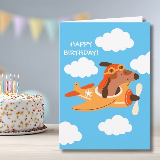 Funny Dog Pilot Flying Airplane Boy Birthday Kaart