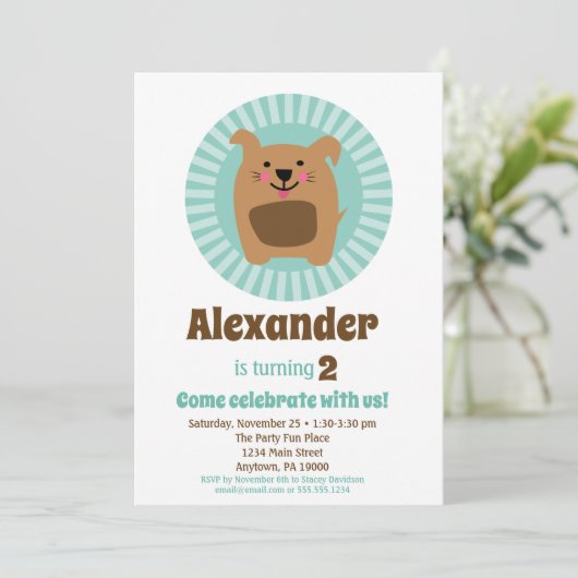 Funny Dog Puppy Birthday Invitation Boy Girl Kaart (Staand voorkant)