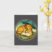 Funny Dog Reading Book Rain Cozy Umbrella Cute Art Kaart (Gele Bloem)