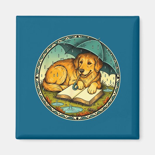 Funny Dog Reading Book Rain Cozy Umbrella Cute Art Magneet (Voorkant)
