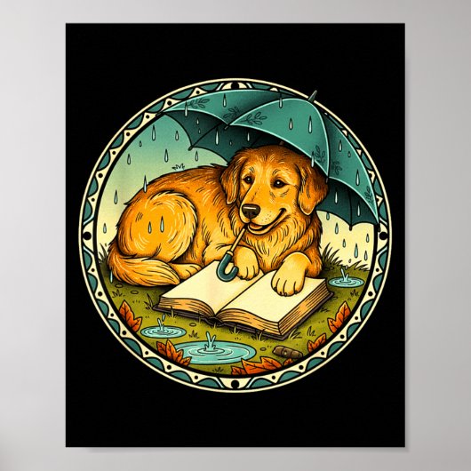 Funny Dog Reading Book Rain Cozy Umbrella Cute Art Poster (Voorkant)