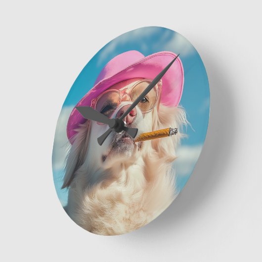 Funny Dog Wall Clock with Hat and Cigar - Quirky a Ronde Klok (Hoek)