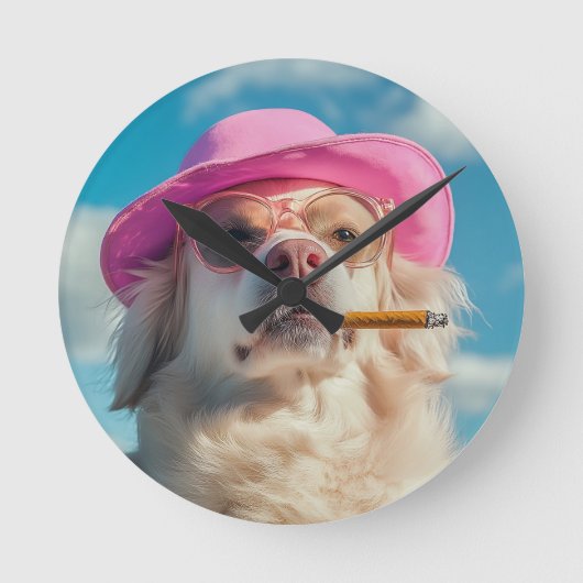 Funny Dog Wall Clock with Hat and Cigar - Quirky a Ronde Klok (Voorkant)