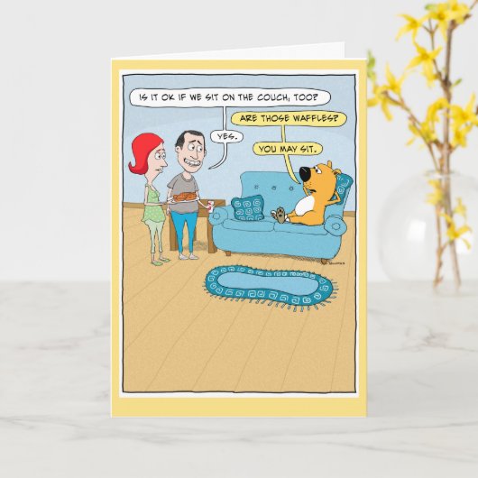 Funny Dog Wants Waffles on Couch Birthday Card Kaart (Gele Bloem)