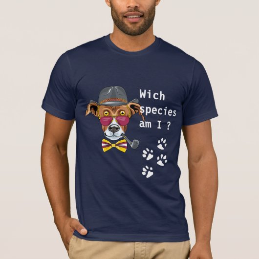 Funny dog Wich species am in man dark blue T-shirt (Voorkant)