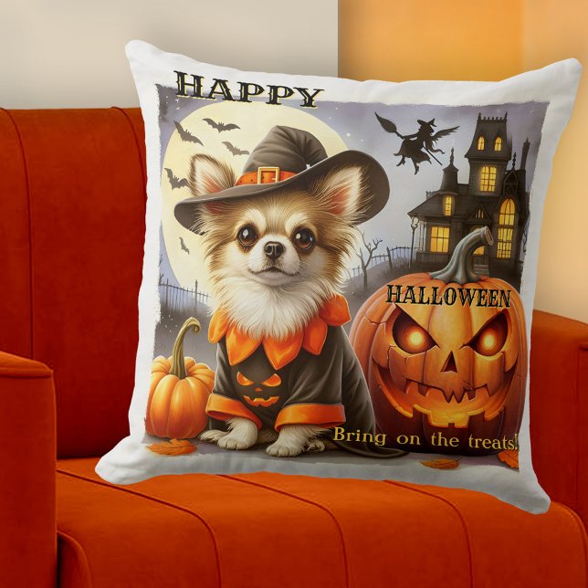 Funny Dog with Pumpkins Halloween Treats Kussen (Colorful artistic pillow featuring a funny dog dressed up for Halloween, surrounded by pumpkins)
