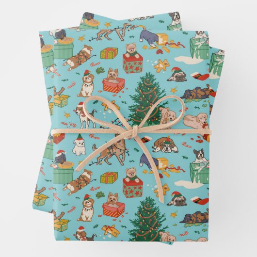 Funny Dogs-kerstwrapppapier - Blauw Inpakpapier Vel (In situ)