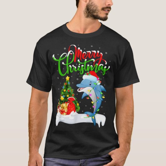 Funny Dolphin Fish Lover Xmas Lighting Dolphin Chr T-shirt (Voorkant)