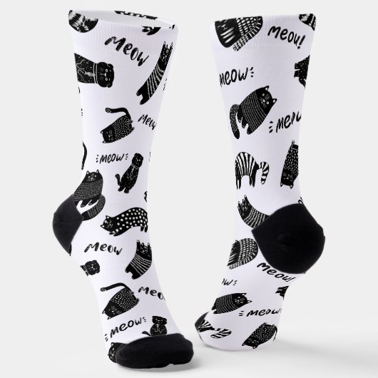 Funny Doodle Black and White Cat Socks Sokken (Gebogen)