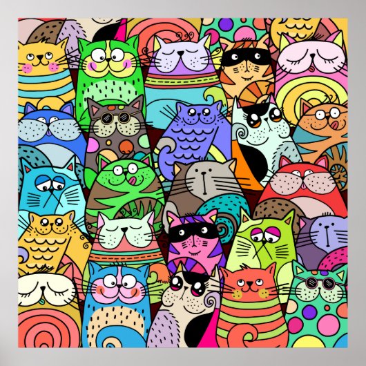 Funny Doodle Crowded Street Cat Gang Poster (Voorkant)