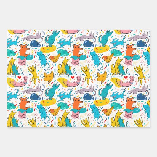Funny Doodled Dogs Cats Wrapping Paper Set of 3 (Voorkant)