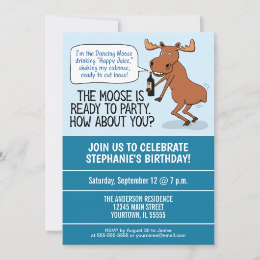 Funny Drink Dancing Moose Birthday Party Kaart (Voorkant)