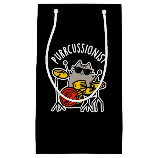 Funny Drummer Cat Pun Dark BG Gesponnen Klein Cadeauzakje (Voorkant)