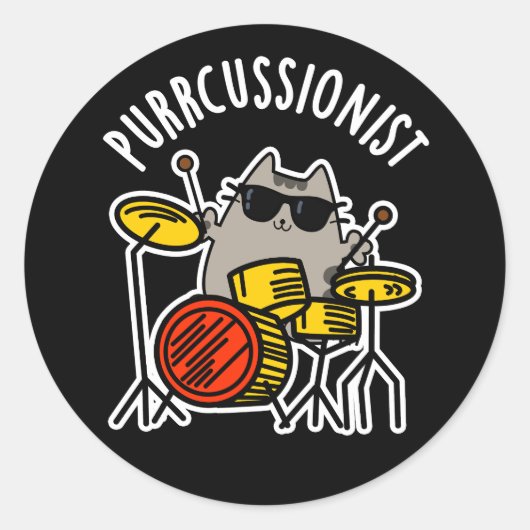 Funny Drummer Cat Pun Dark BG Gesponnen Ronde Sticker (Voorkant)