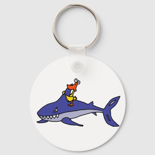 Funny Duck Riding Shark Cartoon Sleutelhanger (Voorkant)