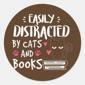 Funny Easily Distracted by Cats and Books Cat Ronde Sticker