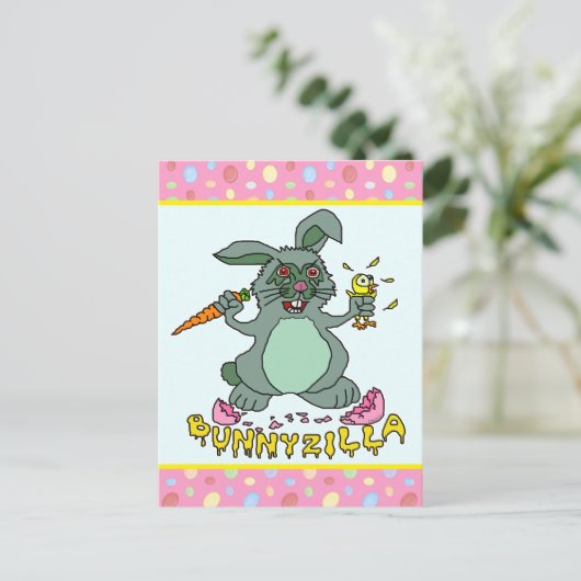 Funny Easter Bunny Cute Bunnyzilla Rabbit Cartoon Briefkaart (Staand voorkant)