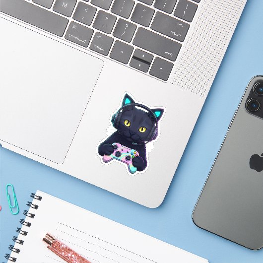 Funny Easter Cat Gamer Egg Controller Gaming  Sticker (Laptop met iPhone)