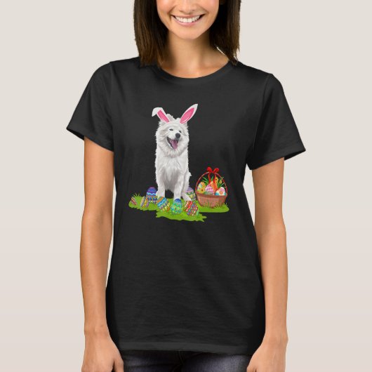 Funny Easter Egg Hunting Bunny American Eskimo Dog T-shirt (Voorkant)