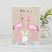 Funny Easter flamingo-eieren en bunny Feestdagenkaart (Staand voorkant)