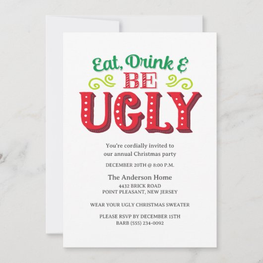 Funny Eat Drink Be Ugly Christmas Party Kaart (Voorkant)