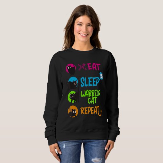 Funny Eat Sleep Warrior Cat Repeat Cool Cat Design Trui (Voorkant volledig)