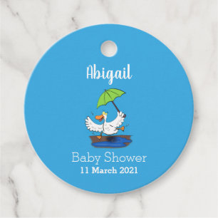 Funny eend met paraplu dansende cartoon bedankjes labels