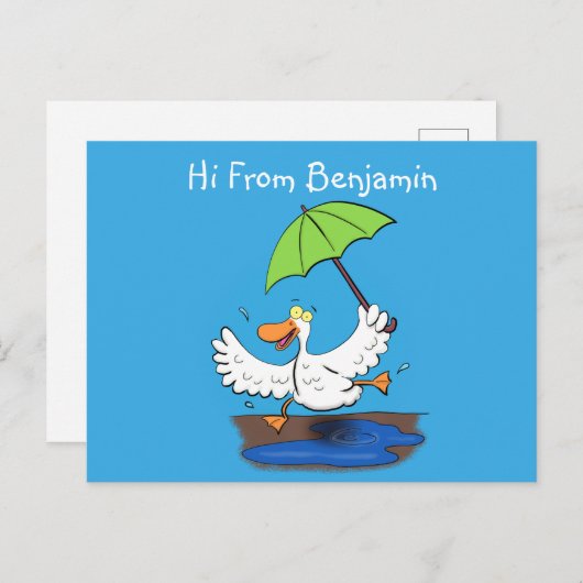 Funny eend met paraplu dansende cartoon briefkaart (Voorkant / Achterkant)