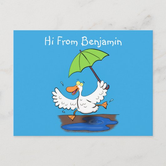 Funny eend met paraplu dansende cartoon briefkaart (Voorkant)