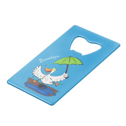 Funny eend met paraplu dansende cartoon creditkaart flessenopener (Achterkant Gekanteld)