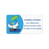 Funny eend met paraplu dansende cartoon etiket (Voorkant)