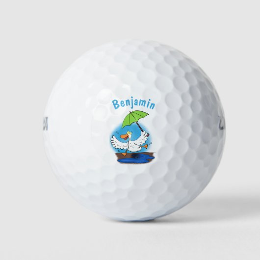 Funny eend met paraplu dansende cartoon golfballen (Voorkant)