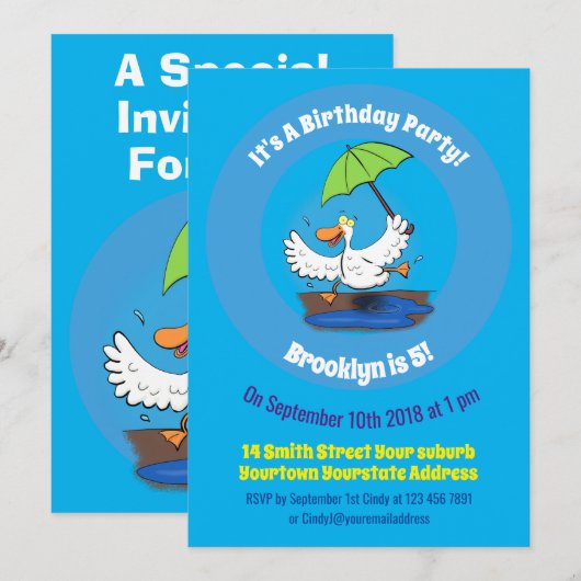 Funny eend met paraplu dansende cartoon kaart (Voorkant / Achterkant)