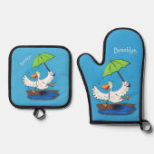 Funny eend met paraplu dansende cartoon ovenwant & pannenlap set (Voorkant)