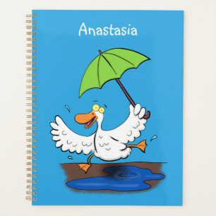 Funny eend met paraplu dansende cartoon planner