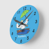 Funny eend met paraplu dansende cartoon ronde klok (Hoek)